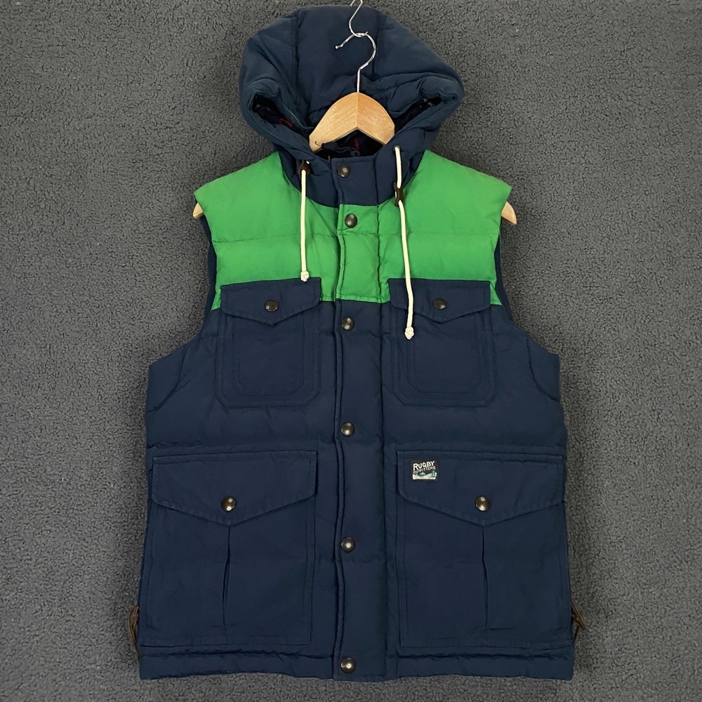 Vintage Rugby Ralph Lauren Down Vest Men Small Blue Puffer Flannel‎ Lined Hooded